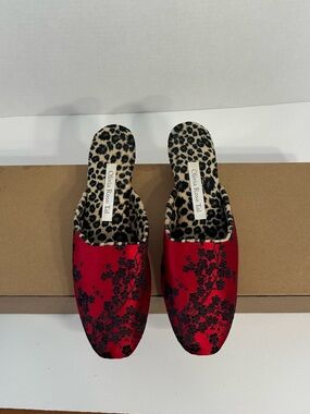 Olivia Rose Tal Red Satin Slip-On Mules with Leopard Insole